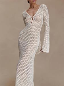 Abito lungo estivo da donna elegante e casual in maglia con scollo a V, silhouette a sirena, maniche lunghe, traspirante e alla moda - Product Image 3