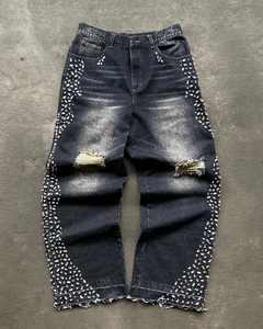 กางเกงยีนส์ทรงขาบานแบบวินเทจ ยี่ห้อ LEMBRO INDUSTRY ผ้าเดนิมเนื้อแน่น สีซันวอช ระบายอากาศได้ดี เหมาะสำหรับฤดูใบไม้ร่วงและฤดูหนาว สไตล์สตรีทแวร์ ประดับเพชรและคริสตัล รับผลิตแบบ OEM - Product Image 1