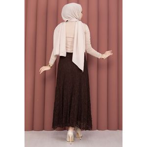 Premium <b>Lace</b> Skirt in Coffee Satin-Chiffon-Knitted with Embroidery & Ruffles Straight <b>Elastic</b> Waist Soft Breathable MOQ 2 Pieces - Product Image 6