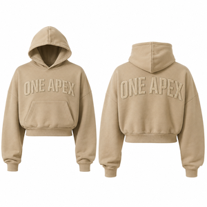 Custom Beige Oversized Cropped Hoodie <b>Men</b> Heavyweight Cotton <b>Pullover</b> Streetwear Embroidered ONE APEX OEM ODM Hoodie - Product Image 4