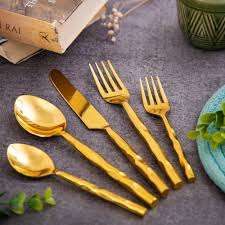 Juego de cubiertos decorativos de lujo de Metal, juego de cubiertos de acero inoxidable chapado en oro, mango creativo martillado largo - Product Image 4