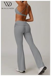 Custom Logo Yoga Set Foldover Waist <strong>Flare</strong> <strong>Leggings</strong> Strappy Back Naked Feeling 2 Piece Gym Workout Outfits - Product Image 3