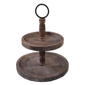 Meilleur prix Plateau de service décoratif rond à 2 niveaux fait à la main avec poignée en fer Quantité en vrac pour achat en gros Haute qualité - Product Image 1