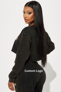 Ensemble short à capuche en détresse avec lavage à l'acide personnalisé pour femmes Survêtement vintage de couleur pure avec short évasé pour la saison d'automne - Product Image 6