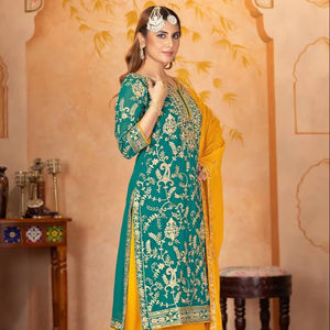 NOUVEAU DESIGNER Fatema Fashion HEAVY FUAX GEORGEET FANCY TOP SALWAR KAMEEZ SET EMBROIDERY SEQUENCES WORK REAL MIRROR HAND WORK - Product Image 1