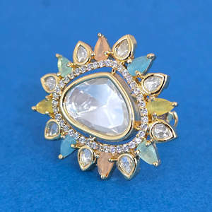 Handmade Adjustable Kundan <b>Ring</b> From India Fashionable Jewelry with Carat Gold Plating - Product Image 3