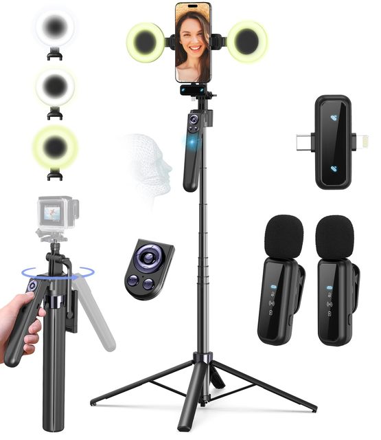 Vlogging Kit IPhone/Android 63 Auto Face Tracking Tripod Light Wireless Microphones Remote Control TikTok YouTube Starter Kit