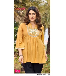 New Available M-XXL Size Embroidered Short <b>Top</b> Women <b>Indian</b> Style Traditional Solid Tunic Rayon Kurti Casual Party Wear All - Product Image 1