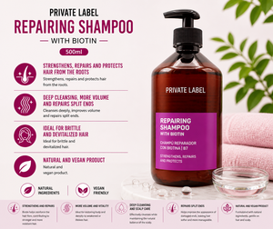 Champú Reparador con Biotina de Marca Privada 500ml OEM |   Champú Reparador para Cabello, Fortalecedor y Voluminizador, para Puntas Abiertas |   España UE - Product Image 2