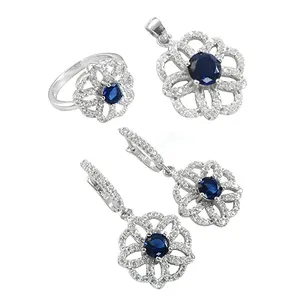 925 Silver <b>Blue</b> <b>Sapphire</b> Jewelry Set for Women Gold & Rose Gold Plated Floral Design Dainty Style Daily Wear Gifting - Product Image 3