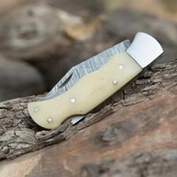 Couteau pliant à lame coulissante en acier Damas forgé à la main, lame droite, étui en cuir, qualité industrielle OEM, garantie de 3 ans