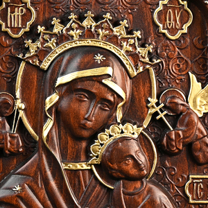 Icône en bois Notre-Dame du Perpétuel Secours, art mural de la Vierge Marie orthodoxe sculptée à la main, décor de panneau en relief en bois religieux - Product Image 6