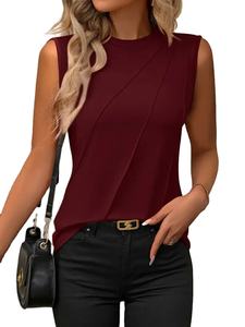 T-shirt pour femmes sans manches col rond uni plissé haut élégant pour le travail en intérieur vêtements de base de haute qualité pour femmes - Product Image 5