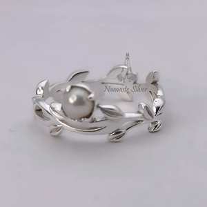Pearl Leaf Ring, 925 Sterling Silver Handmade Boho Nature Inspired Band - Product Image 1