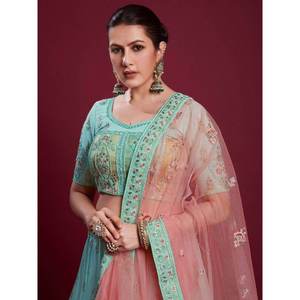 Robe de bal longue en georgette à paillettes turquoise douce, Lehenga Choli pour réception et soirées - Product Image 3