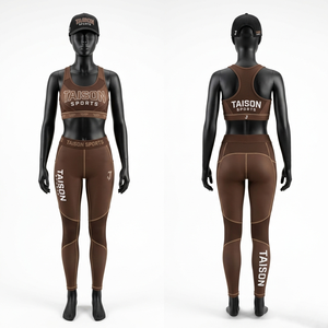 Premium 280 GSM Nylon Spandex Brown Panel Legging Sports Bra Set Custom Sublimation Heat Transfer <b>Silicone</b> Logo - Product Image 1