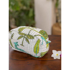Sac de voyage pour maquillage en coton vert brodé avec fermeture éclair - Product Image 1