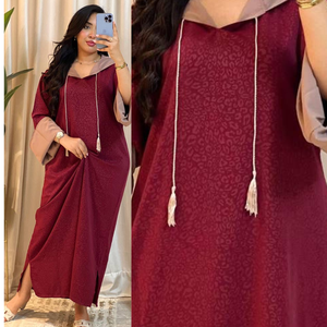 Abaya à capuche pour femmes musulmanes, robe longue à manches longues, kaftan islamique, jilbab jacquard modeste, abaya Ramadan Eid avec cordon de serrage à pompons - Product Image 3