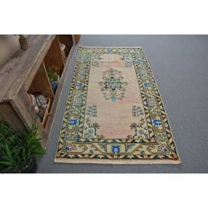 Classique Beige Bleu Vintage Tapis Turc 3.3 X 6.3ft À La Main Patchwork Conception Laine Bambou Soie Matériel Latex Support pour Vivre - Product Image 1