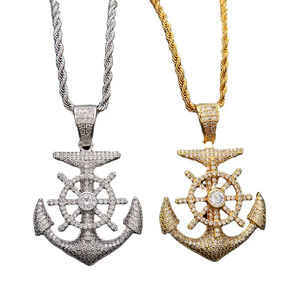 Collier pendentif ancre en or 14 carats plaqué or, serti de diamants moissanite, style hip-hop, vente en gros de bijoux fantaisie - Product Image 1