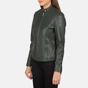 Chaqueta de Cuero Verde con Cuello Alto Estilo Motero para Otoño - Product Image 2