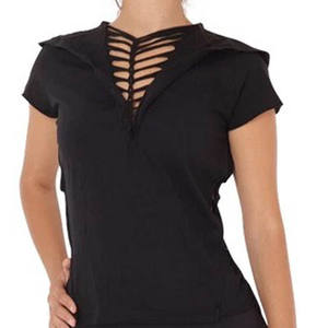 Camiseta de manga corta con cuello en V entrecruzado para mujer, camiseta informal ajustada con cordones en la parte delantera para verano y uso diario - Product Image 2