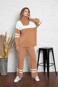 Conjunto de dos piezas de gran tamaño con cremallera a rayas de punto para mujer de alta calidad, ropa informal, ropa de oficina, conjunto de pantalones y suéter - Product Image 2