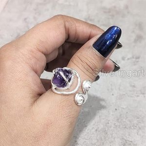 Anillo de Plata de Ley 925 con Amatista Natural, Piedra de Nacimiento de Febrero, Diseño Exclusivo, Ajustable, Hecho a Mano, para Mujer - Product Image 1