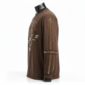 T-shirt à manches longues en coton de haute qualité, marron chocolat, avec strass en cristal, transfert thermique, logo personnalisé, pour hommes - Product Image 3