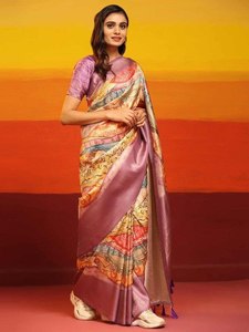 Magnifique sari en soie numérique imprimé Kanchipuram Pattu pour femmes pour les occasions de fête Design réversible - Product Image 5