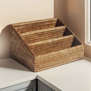 Office Paper File Organizer Desktop Pens Stationery Organization Rattan <b>Divided</b> Holder Baskets <b>Modern</b> Design Furniture Accessory - Product Image 4