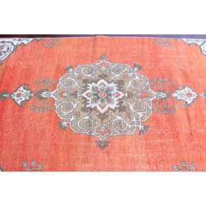 Alfombra vintage de 3.8x9.4 pies, alfombra turca, alfombra de lana con diseño de plantas y árboles naranjas - Product Image 4