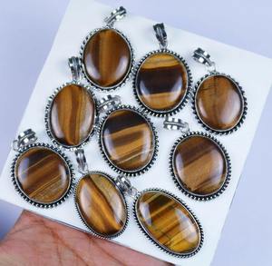 Oeil de tigre jaune naturel en gros Lot de pendentif de style bohème Designer argent plaqué laiton matériel bijoux de mode de noël - Product Image 3