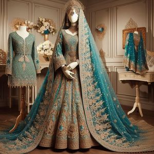 2024 robe de mariée en soie de mariée longueur au sol avec Dupatta ornée de DarkstonePearls Resham broderie travail belle couleur - Product Image 1