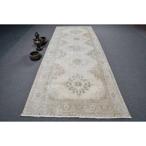 Alfombra turca Rectangular clásica Vintage de 4,6x12,5 pies hecha a mano Beige gris diseño de retazos respetuoso con el medio ambiente - Product Image 1