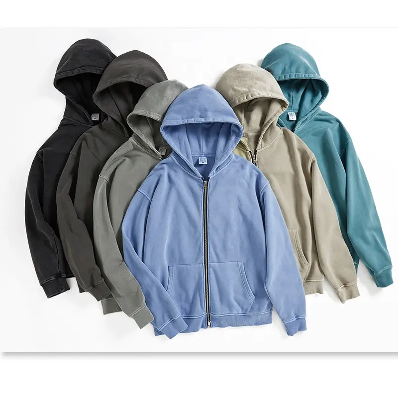 Custom Plain Hoodies Acid Wash Wholesale Sweatshirt Zip Up Solid Color Hip Hop Hoodies for Men