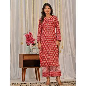 Ensemble Kurta et pantalon en coton rouge avec imprimé bloc pour un usage quotidien - Product Image 3