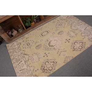 Vintage 39 X 63 ft Turkish Rug Handmade Yellow Beige Wool Classic Patchwork Design Rectangular Hallway for Bedside 4m Latex - Product Image 5