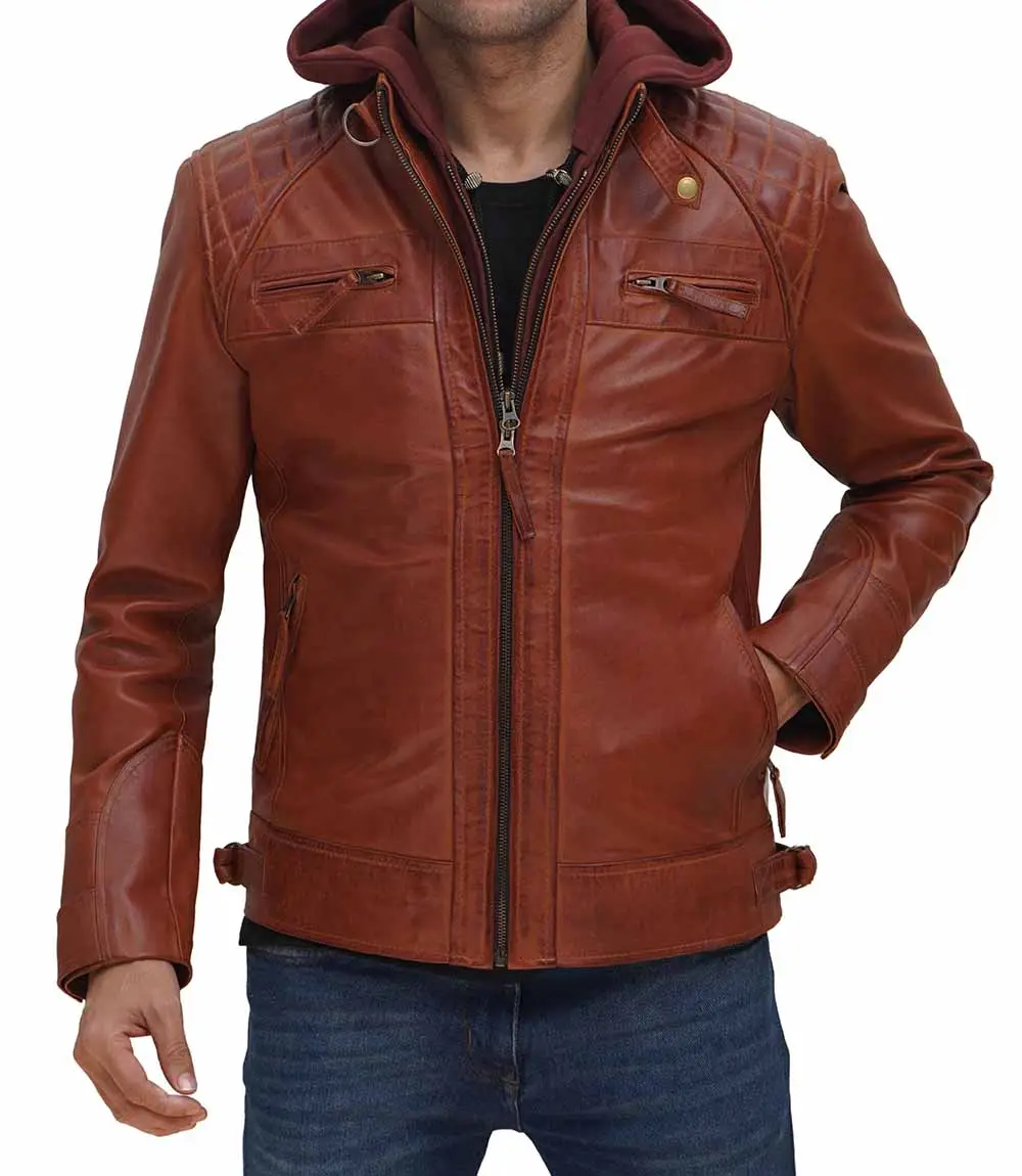 OEM 2022 Wholesale Bulk Quantity Tan Brown Men's Hooded Leather Jacket Bomber Biker Genuine Lambskin Leather Jacket for Men