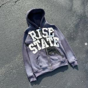 OEM Custom Manufacturer 3D Embroidery Distressed Patch Hoodies Print Cut and Sew Men Cropped Stone Acid Washed Hoodie - Product Image 3