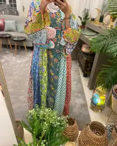 Bayan uzun kollu baskılı elbise şık Abaya Kaftan pamuk Abaya kadınlar müslüman elbise 2024 Dubai kaftan