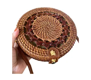 Handicraft Vintage Eco-friendly Women Round Leather Straw Rattan Women Bags Vigifarm From Vietnam Factory