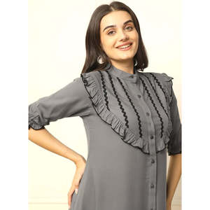 Deebaco Women's Solid Gray Midi <b>Dress</b> With Flounce Collar Ruffle Sleeve A-Line Casual Loose Fit Solid Breathable <b>Dress</b> - Product Image 2