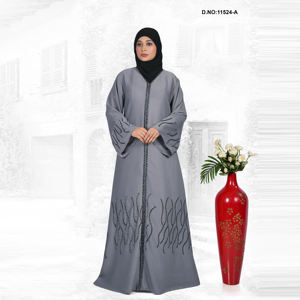 Abaya moderne à bordure brodée en tissu Nida léger, longueur au sol, manches longues, design vintage écologique - Product Image 1