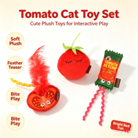 Set Mainan Kucing Bertema Makanan Tomat, Mainan Kucing Berbahan Plush dengan Bulu & Pita Berkerut, Mainan Kunyah Interaktif