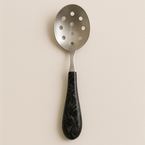 Cuchara ranurada con mango de resina de remolino azul, espumadera de cocina de acero inoxidable con espejo moderno, cuchara coladora elegante, utensilios para servir - Product Image 5