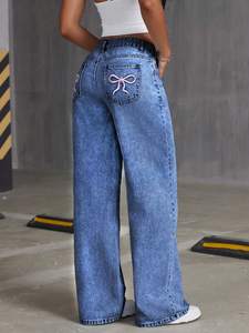 Pantalon en denim bleu élégant pour femmes de haute qualité jambe large décontracté quotidien vêtements de rue taille moyenne style droit bouton décoration - Product Image 4
