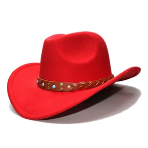 LUCKYLIANJI, sombrero de vaquero occidental de fieltro de lana para niños de talla única de 54cm con ala ancha ajustable y banda de cuero trenzado para vaquera - Product Image 2