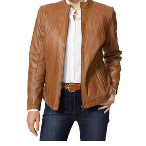 Veste matelassée confortable pour femmes de marque célèbre dames en cuir véritable avec col montant marron fermeture éclair tissé respirant - Product Image 2