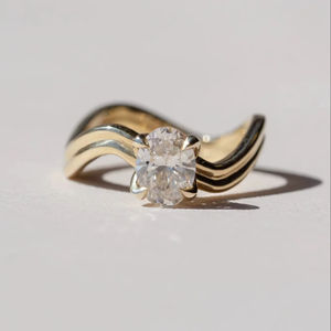 Lujo forma ovalada diamante doble banda solitario Compromiso 14K anillo nupcial boda joyería venta al por mayor venta directa ODM exportación - Product Image 1